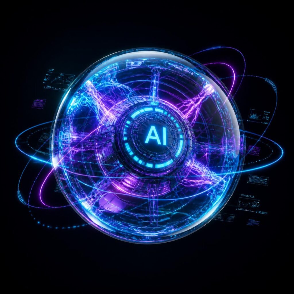 Glowing AI core illustration in IBTK blue and purple
